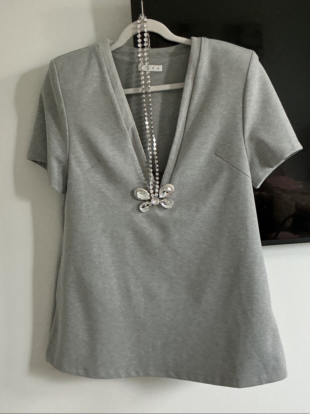 AREA Gray Short Sleeve V-Neck Top